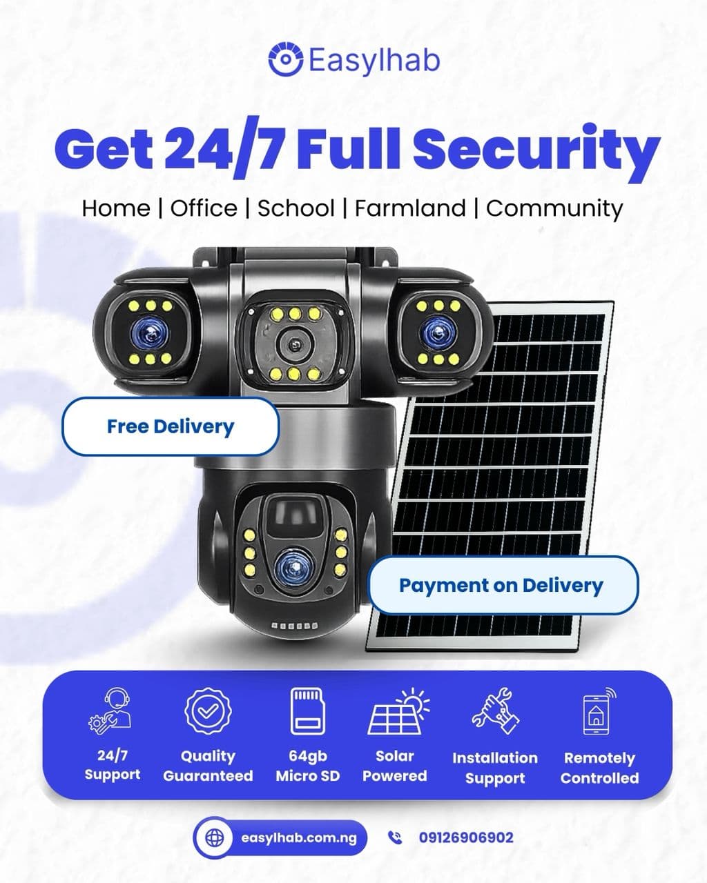 easylhab Triple-lens 360° solar-powered security camera with PTZ control, night vision, motion detection ,remote monitoring and 24/7 surveillance for homes and businesses . image