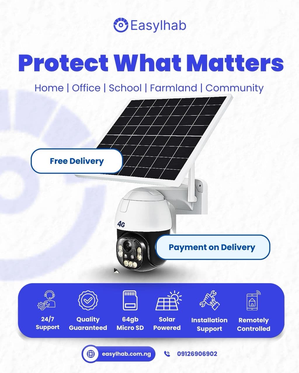 easylhab Smart single-lens solar-powered security camera with 360° viewing coverage, night vision, motion detection, and remote mobile monitoring for reliable 24/7 protection. image